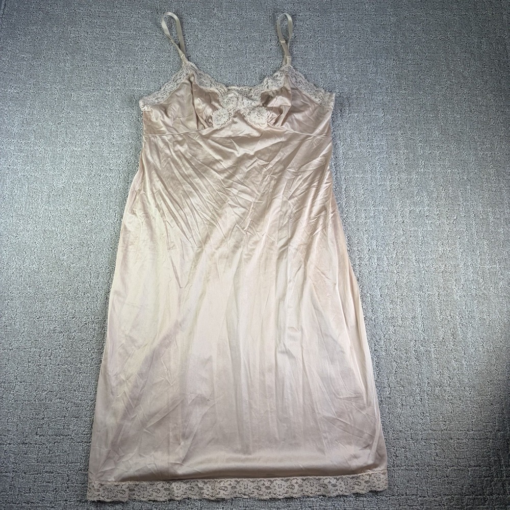 Vintage 80s Vassarette Underneath It All Full Slip Dress Lace Trim Beige Nude 38